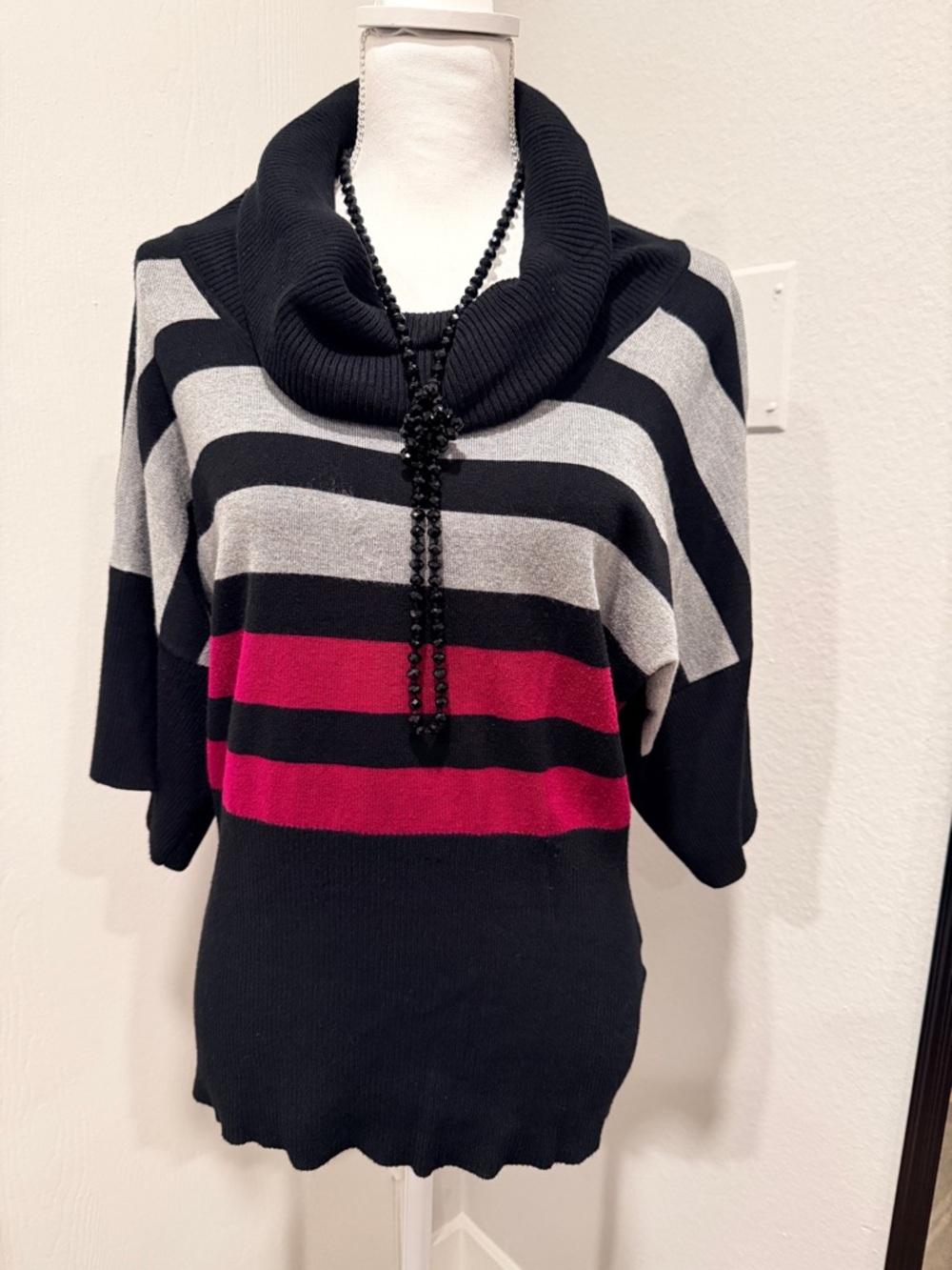 Spense Black, Gray & Pink Striped Cowl Neck Sweater